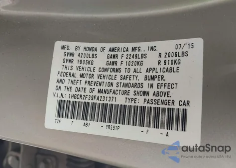 2015 Honda Accord Lx from USA, damaged, VIN 1HGCR2F39FA231371